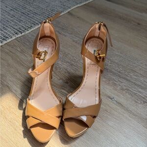 Miu Miu Tan Patent Leather Crisscross Ankle-Strap Sandals